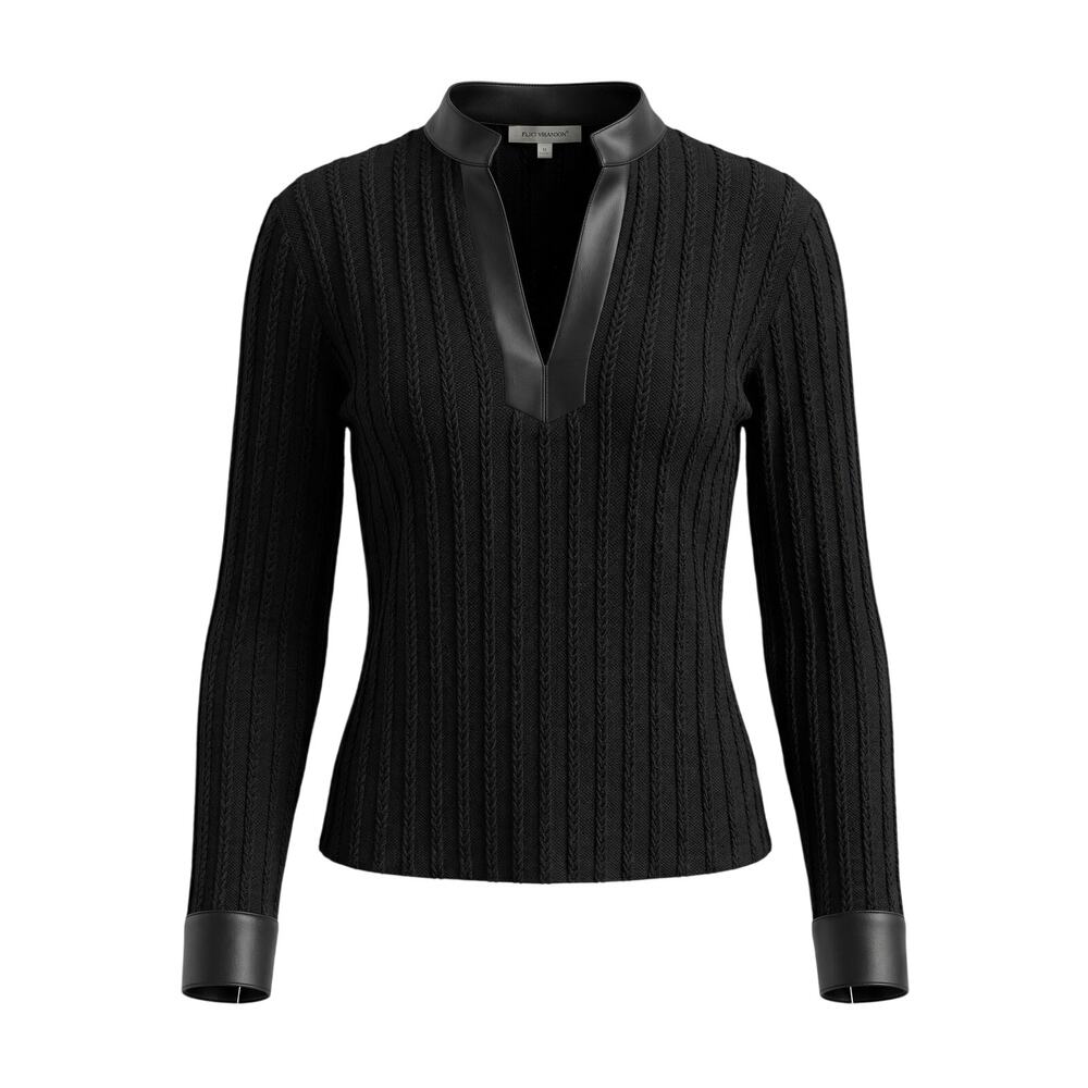 Rayure Paris Women's L Office Siren Edgy Vamp Goth Faux Leather Knit V-Neck Top
